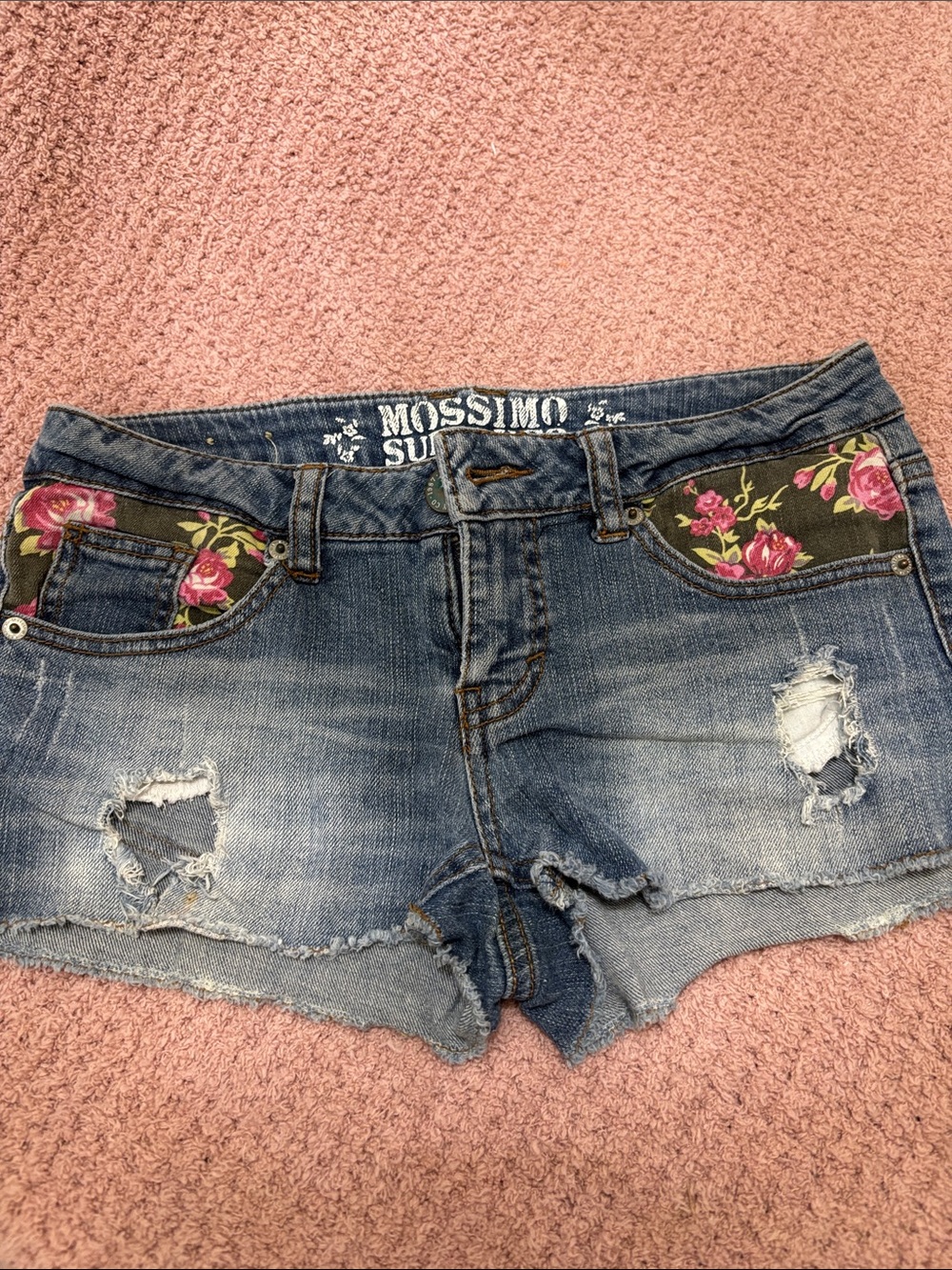 Mossimo Supply Co. Distressed Blue Denim Shorts with Pink Floral Trim